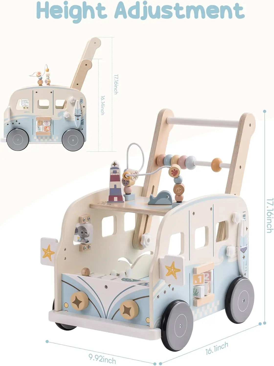 Wooden Baby Walker Bus Style With Ocean Pattern and Adjustable Wheel Tension