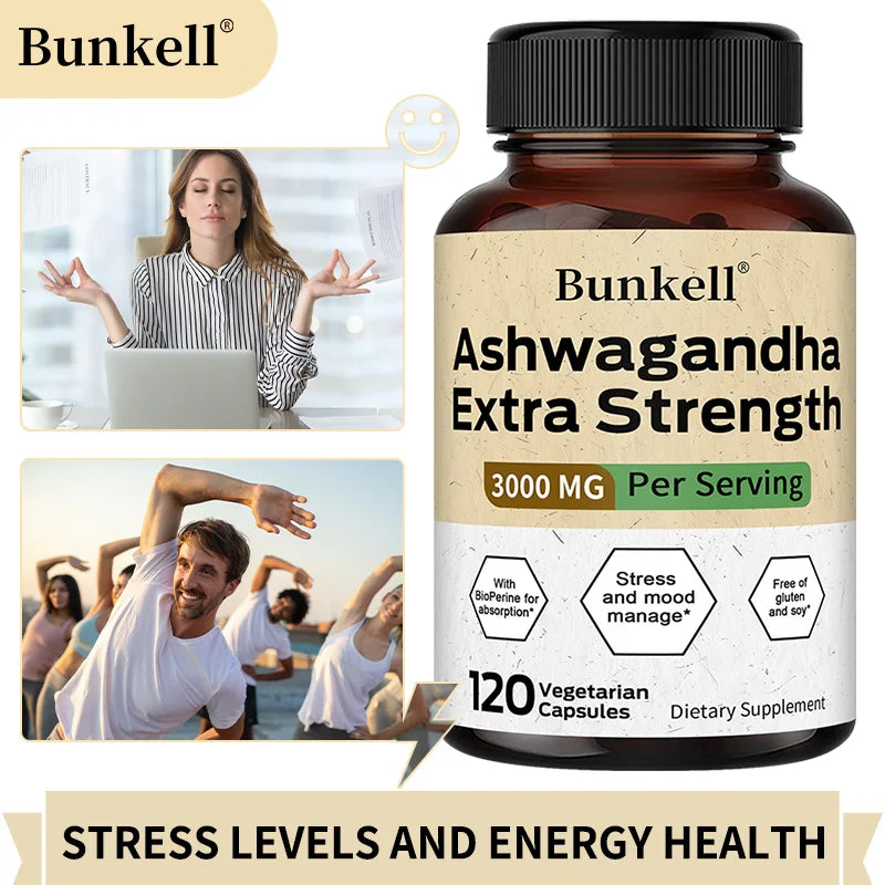 Ashwagandha 3000 mg, Black Pepper Extract, helps balance stress and manage mood, improves sleep quality