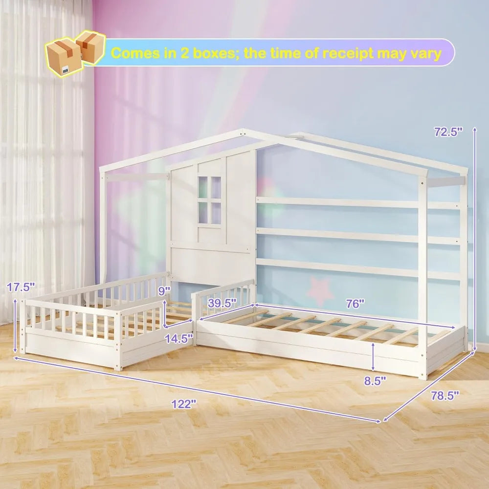 Double Twin Beds for Kids, House L-Shaped Platform Beds with Window & Fences, Wooden Corner Montessori Bed Frame for Boys Girls