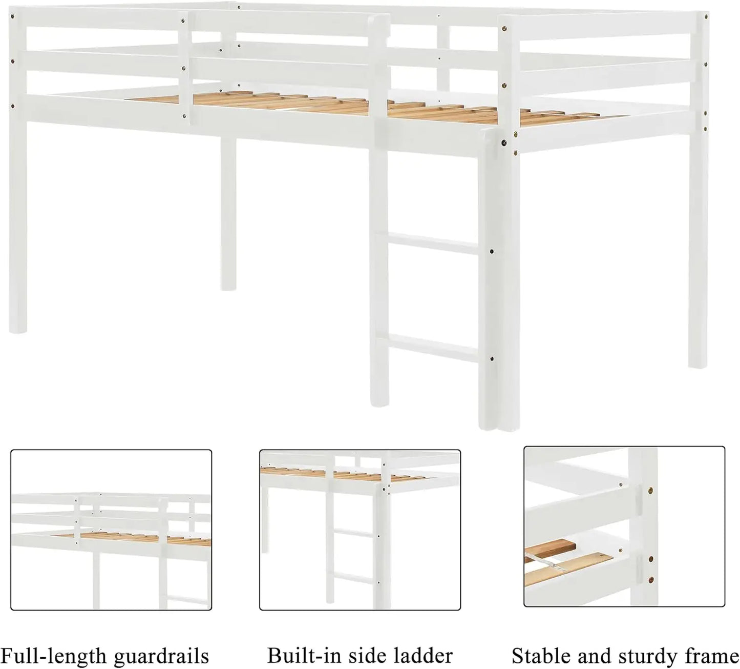 Twin Loft Bed for Kids, Solid Wood, with Ladder & Guard Rails, White, No Box Spring Needed