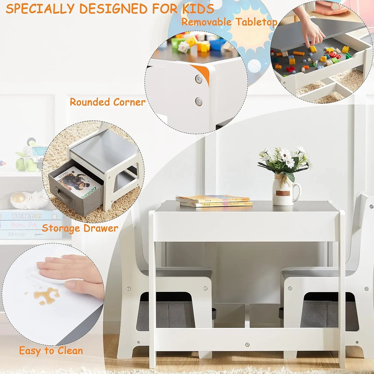 Wooden Three In One Kids Activity Table And Chairs Set With Drawer