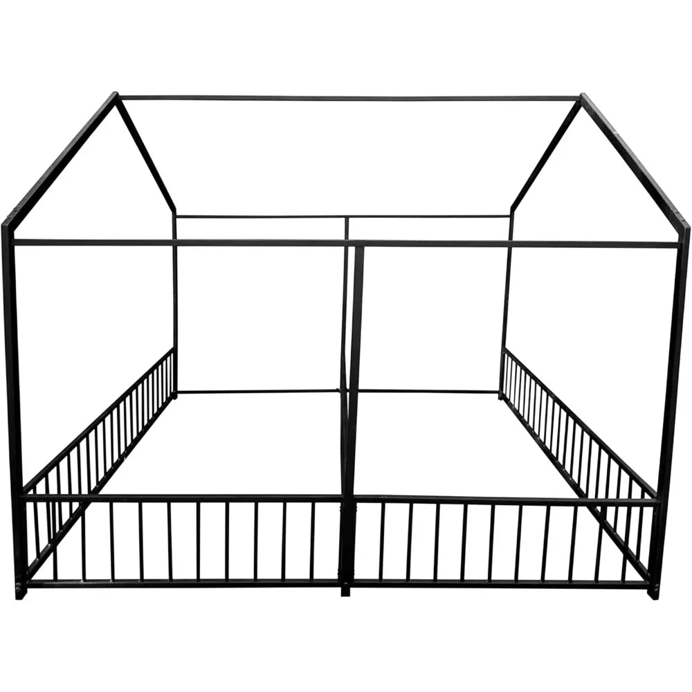 Double Montessori Floor Bed with Fence & Roof for Two Kids Teens Boys Girls,Twin Floor Bed,Easy Assemble,No Box Spring Needed, B