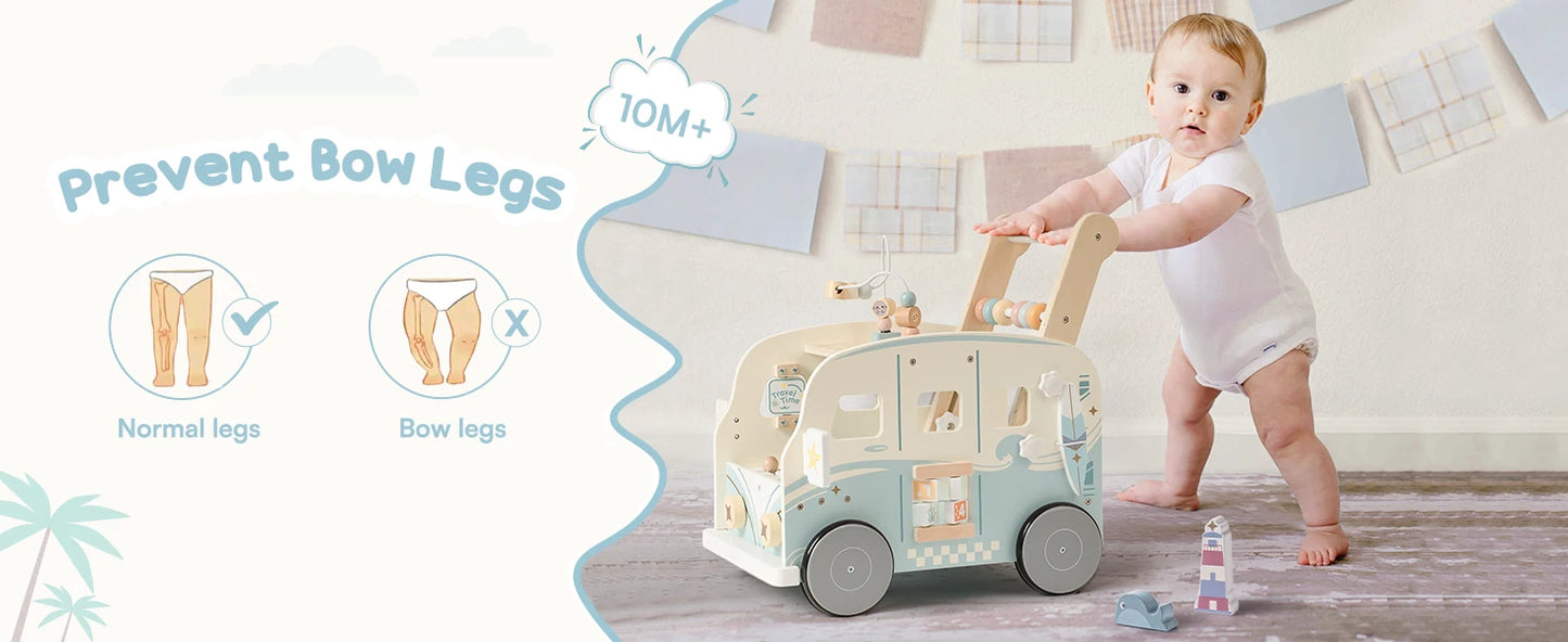 Wooden Baby Walker Bus Style With Ocean Pattern and Adjustable Wheel Tension