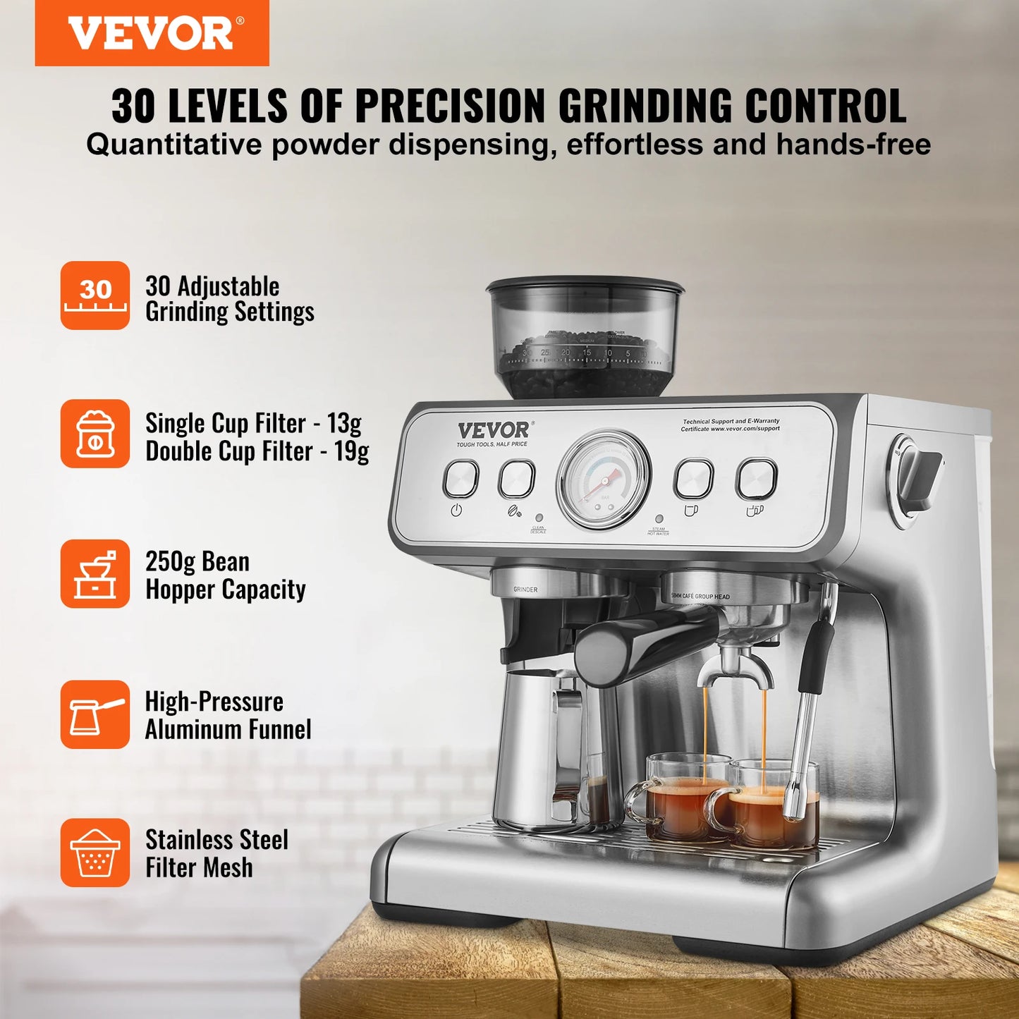 VEVOR Espresso Machine With Grinder 15 Bar Semi Automatic Coffee