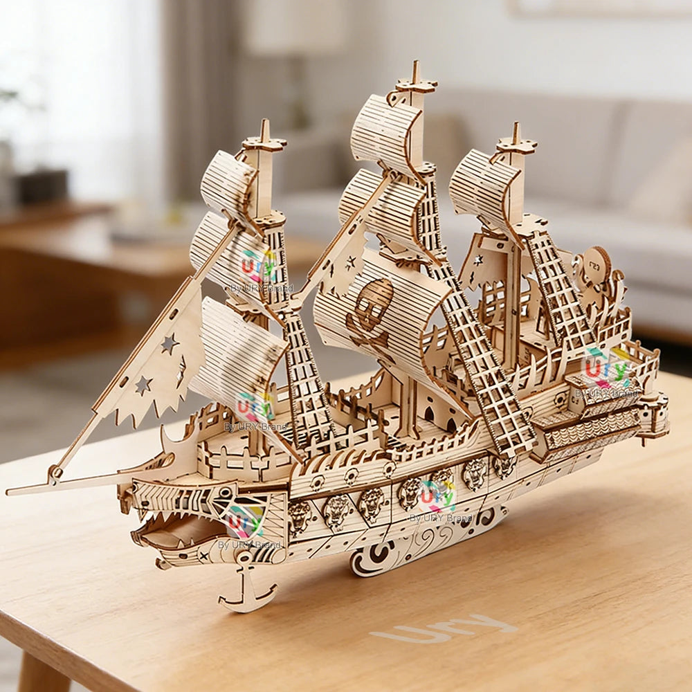 Ury DIY 3D Wooden Puzzle Halloween Ghost Pirate Ship Model For Home Decor