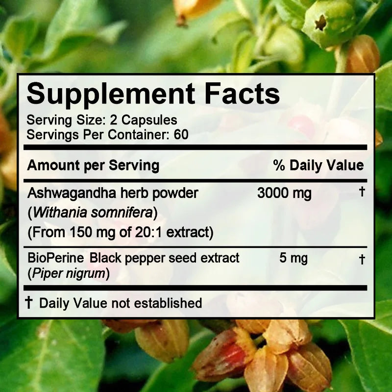 Ashwagandha 3000 mg, Black Pepper Extract, helps balance stress and manage mood, improves sleep quality