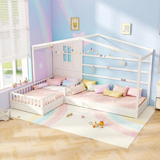 L Shaped Wooden House Platform Bed For Kids With Window
