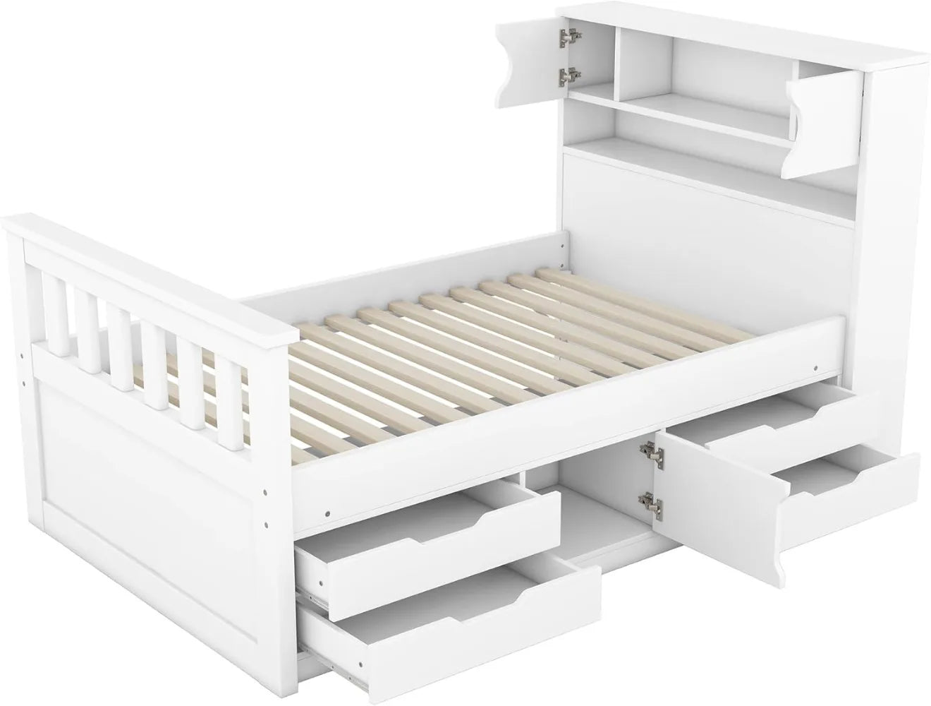 Twin Size Captains Bed Frame with Storage Drawers, Wood Platform Bed with Bookcase Headboard for Kids Teens, White