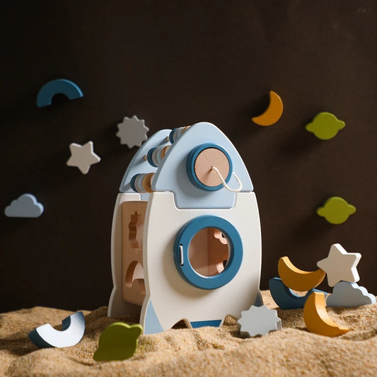 Baby Carrier Wooden Rocket Puzzle Blocks For Hand Eye Coordination