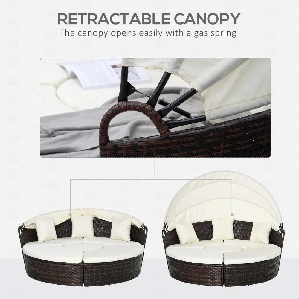 Round Convertible Daybed PE Rattan Wicker Sofa Set with Canopy