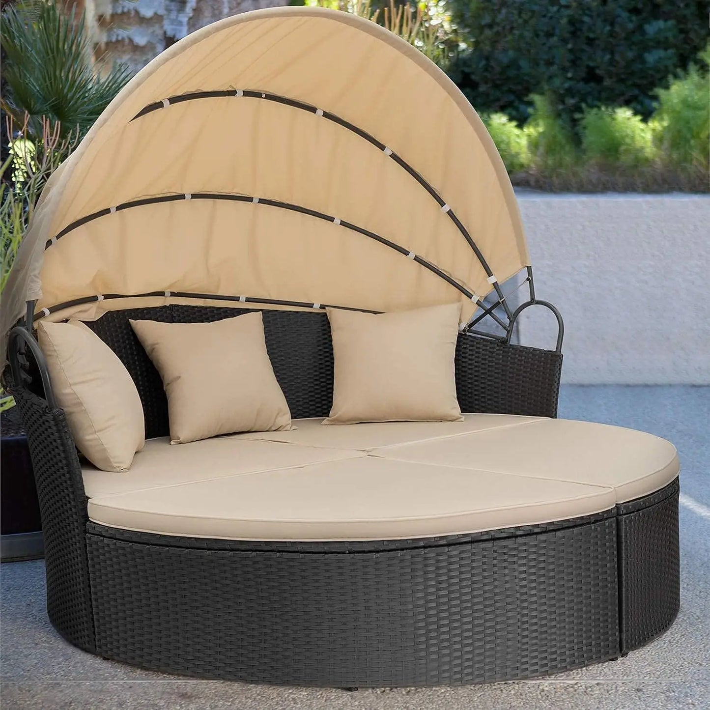 Outdoor Daybed With Retractable Canopy Rattan Wicker Sectional Washable Cushions