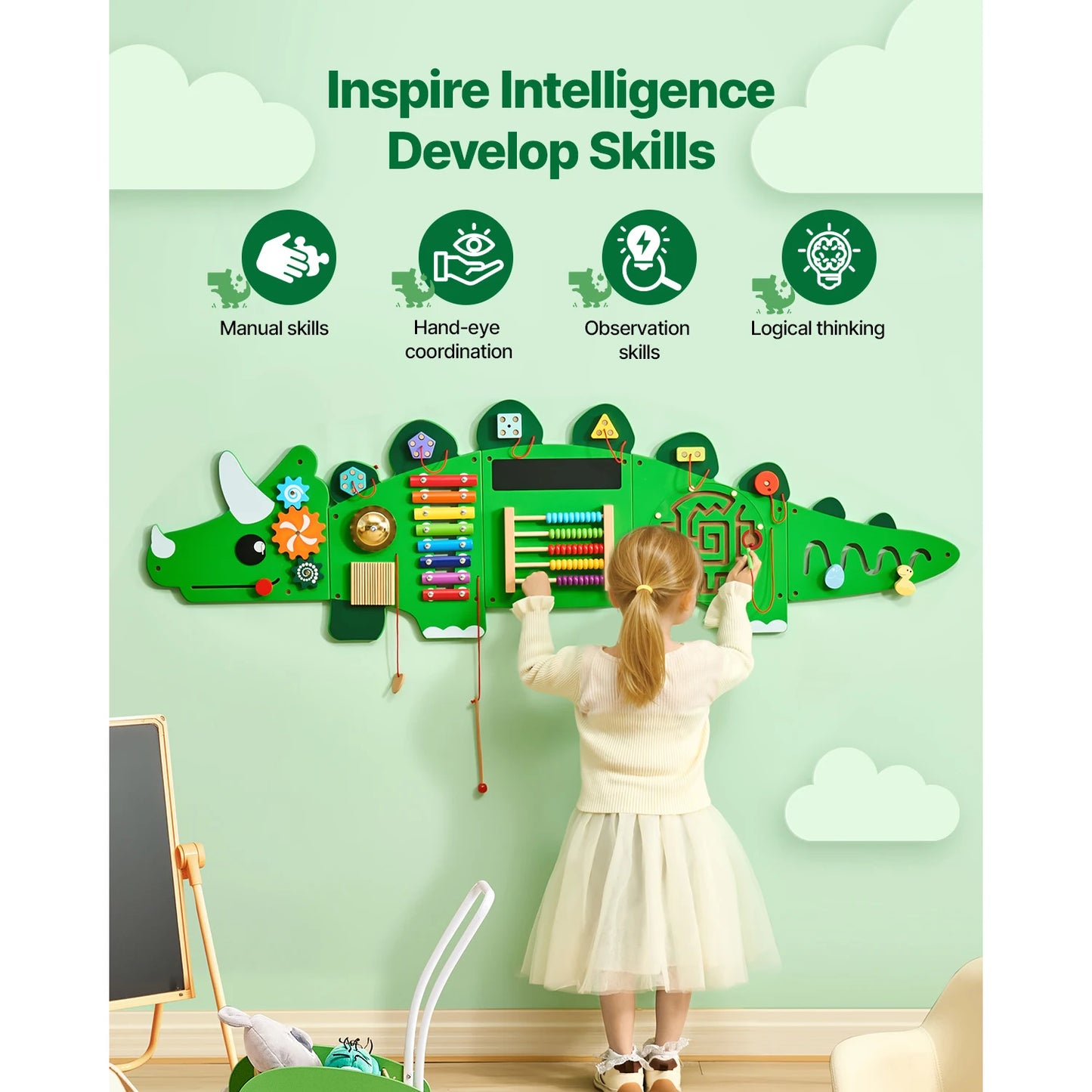 SucceBuy Dinosaur Busy Wall Board 11 Activity Panels Montessori Toys