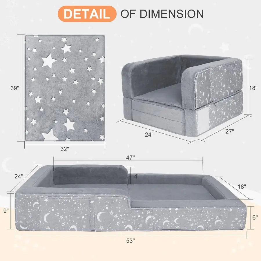 Toddler Travel Bed, 2 in 1 Foldable Toddler Bed Sofa Chair, Soft Baby Kids Travel Floor Beds with Washable Cover, Blanket, Safet
