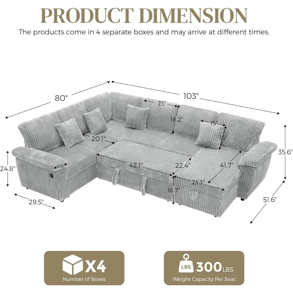 NONECN Sectional Sleeper Sofa With Corduroy Pull Out Bed And Storage Chaise