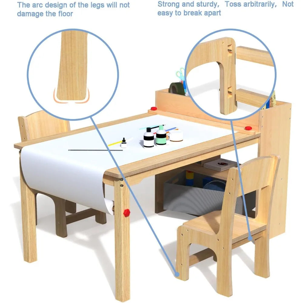 Wooden Art Desk For Kids With Table And Two Chairs