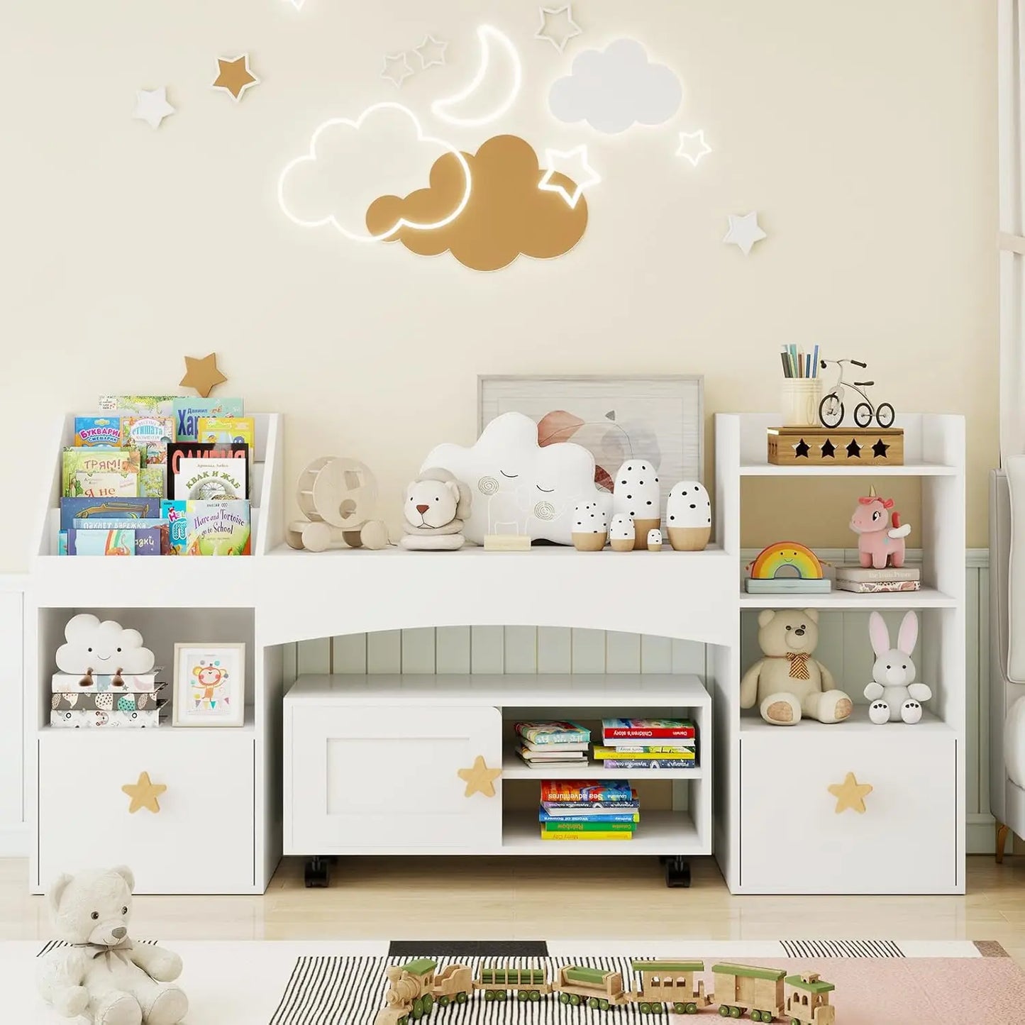 Kids Bookshelf With Reading Nook Desk And Toy Storage Drawers