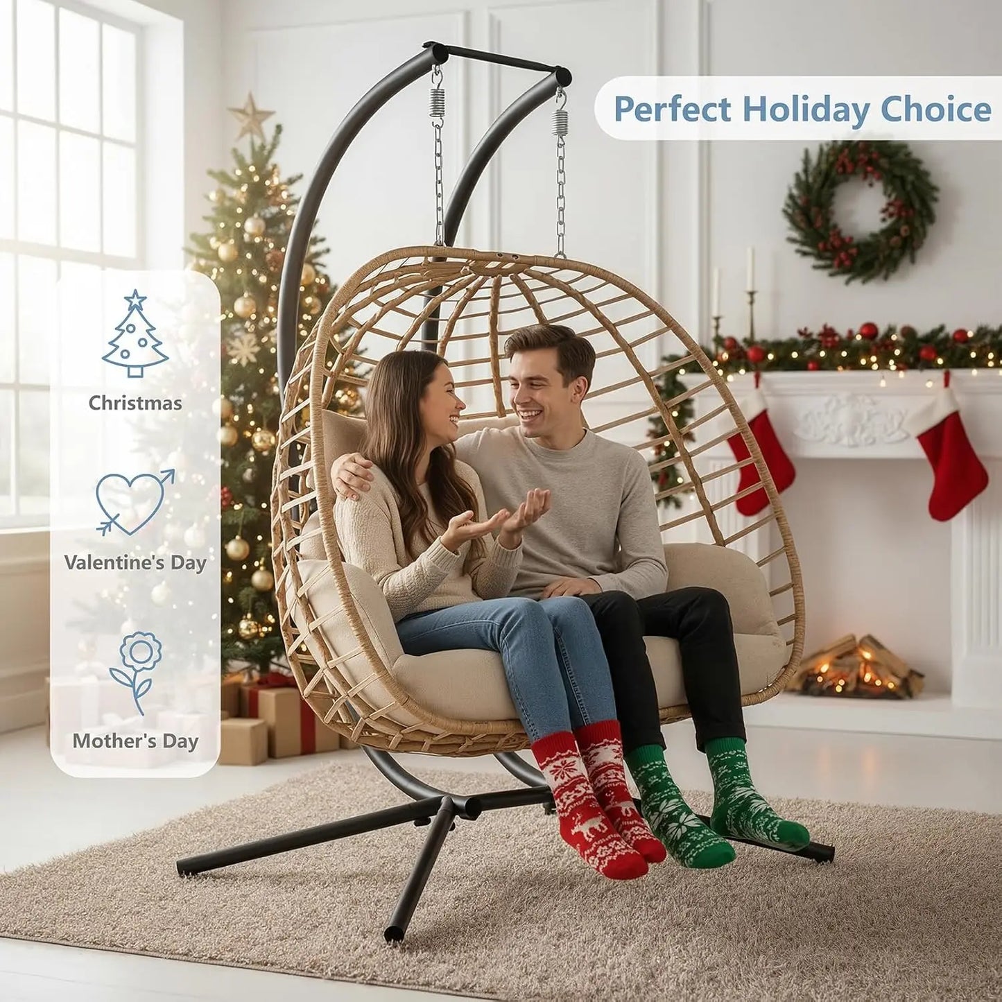 Double Hanging Egg Chair with Stand, Outdoor Patio 2 Person Wicker Hammock Swing Chairs with Cushion Loveseat for, Customized