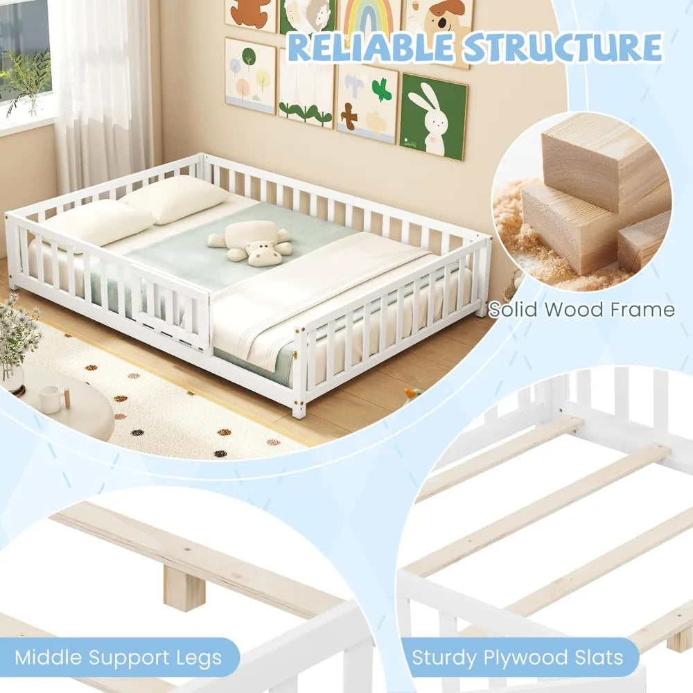 Full Size Montessori Floor Bed for Kids with Safety Guardrails & Door, Low Profile Solid Wood Frame, White