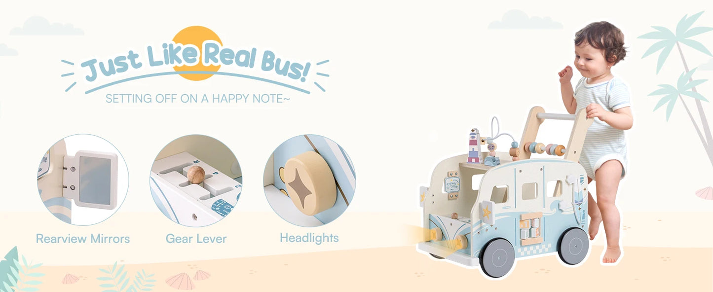 Wooden Baby Walker Bus Style With Ocean Pattern and Adjustable Wheel Tension