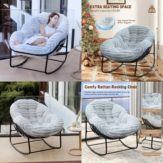 "Outdoor Wicker Egg Swing Chair, Comfortable Oversized Indoor Papasan Seat with Cushion, Royal Rattan Rocking Furniture"