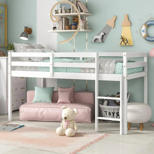 Twin Loft Bed for Kids, Solid Wood, with Ladder & Guard Rails, White, No Box Spring Needed