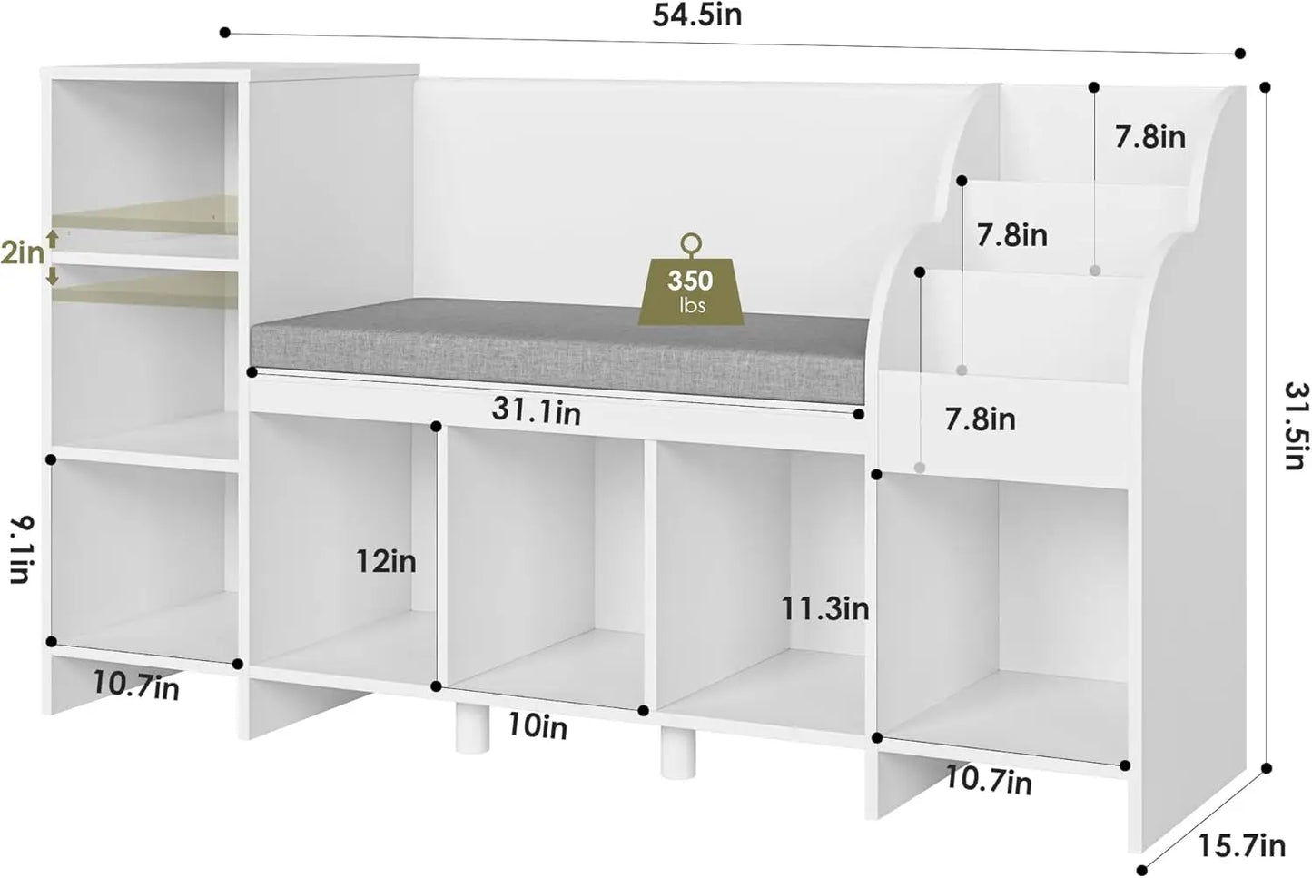 Kids Reading Nook Bench And White Bookshelf Organizer With 7 Cubbies
