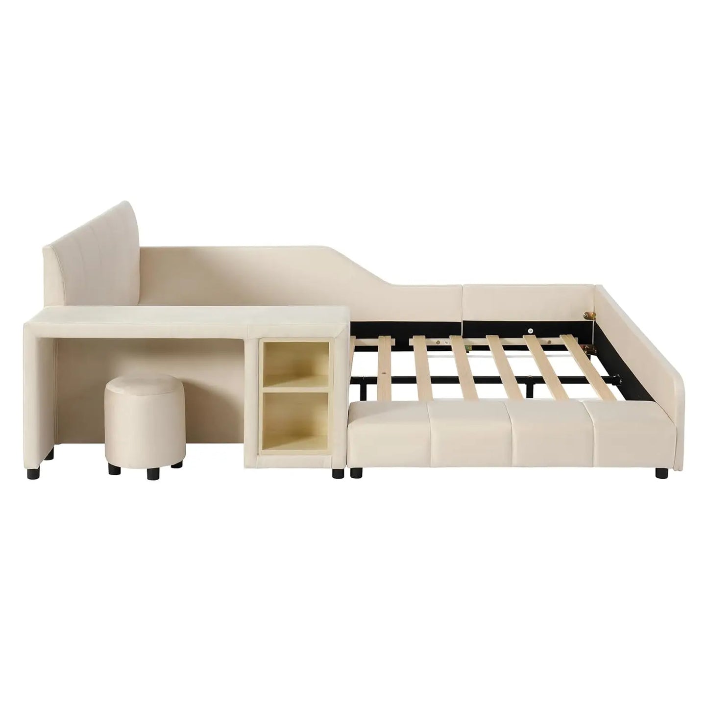 Velvet Upholstered Grounded Platform Bed, Wooden Full Size Mother & Child Bed Frame with Bedside Desk and Little, Customized