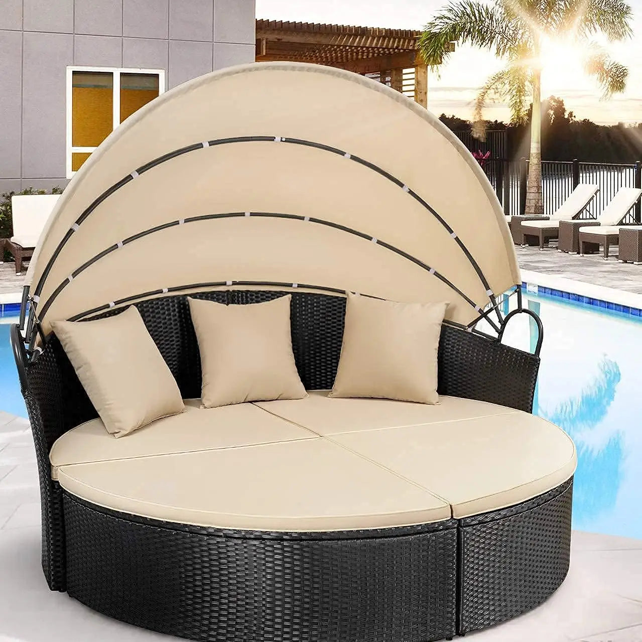 Outdoor Daybed With Retractable Canopy Rattan Wicker Sectional Washable Cushions