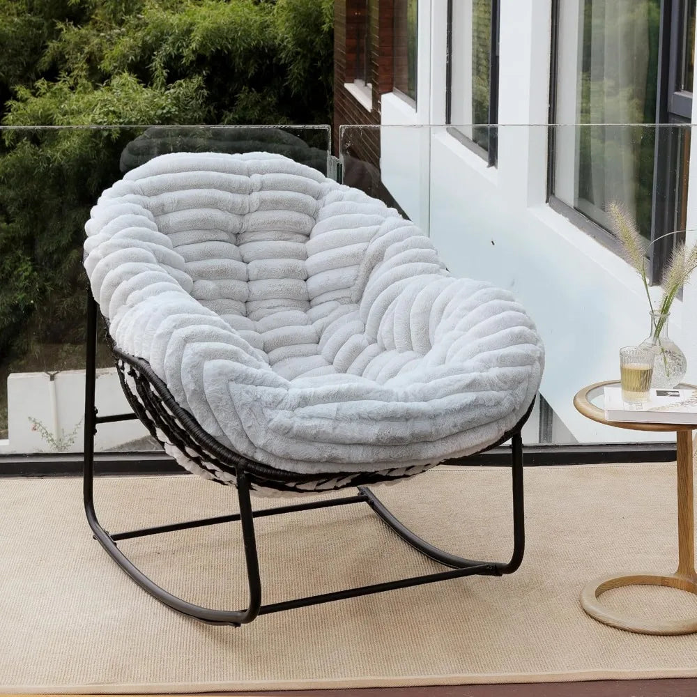 "Outdoor Wicker Egg Swing Chair, Comfortable Oversized Indoor Papasan Seat with Cushion, Royal Rattan Rocking Furniture"