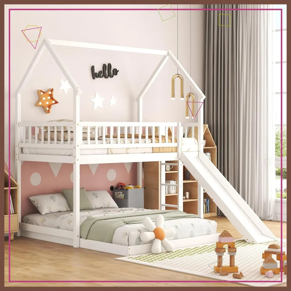 Wooden Twin Over Full Bunk Bed with Slide, Built-in Ladder, Guardrail - Space-Saving House Design for Kids Bedroom
