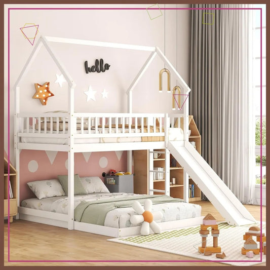 Wooden Twin Over Full Bunk Bed with Slide, Built-in Ladder, Guardrail - Space-Saving House Design for Kids Bedroom