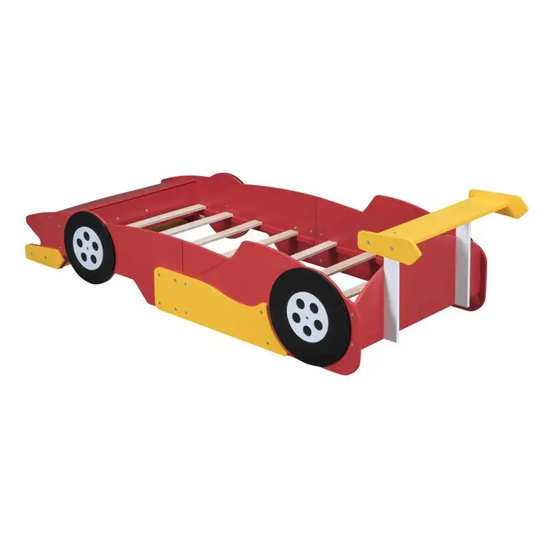 Twin Race Car Platform Bed with Wheels, Red Color, Kids' Room Furniture