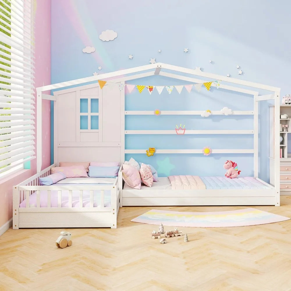 Double Twin Beds for Kids, House L-Shaped Platform Beds with Window & Fences, Wooden Corner Montessori Bed Frame for Boys Girls