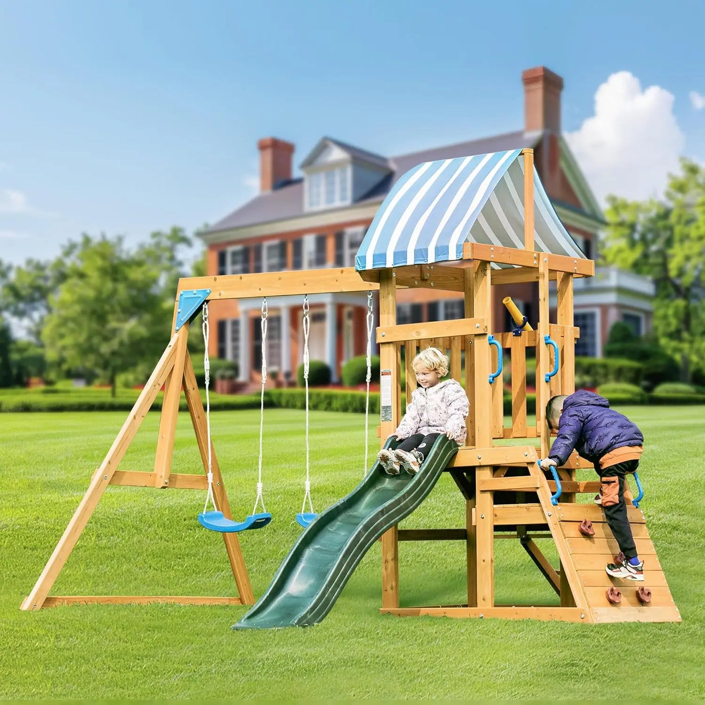 Rolife Wooden Swing Set With Dual Swings Climbing Wall Fort