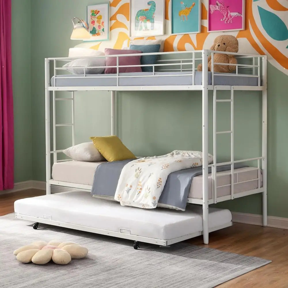 Compact Twin Metal Bunk Bed with Trundle: Durable Steel Frame for Kids' Rooms - High Capacity, Quiet for Active Children
