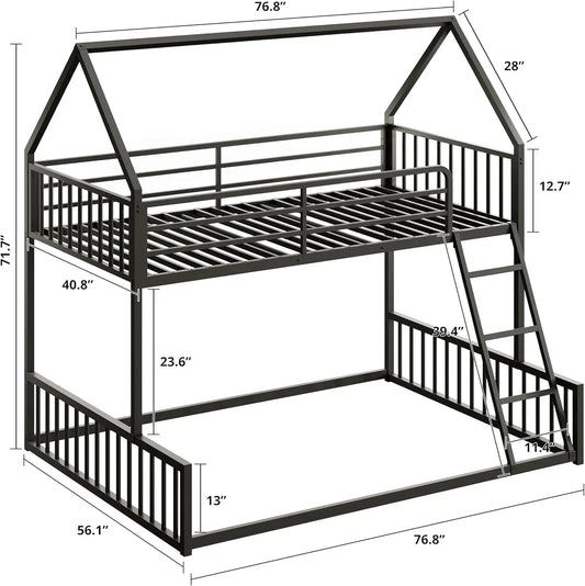 LIKIMIO Bunk Bed Twin Over Full Size,House Shaped with Metal Slats Support No Box Spring Needed Space Saving for Bedroom & Dorm