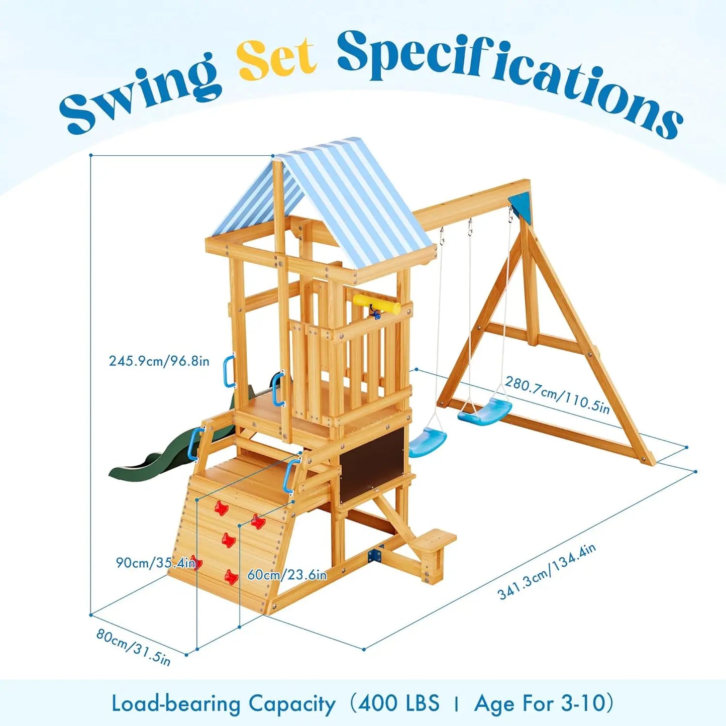 Rolife Wooden Swing Set With Dual Swings Climbing Wall Fort