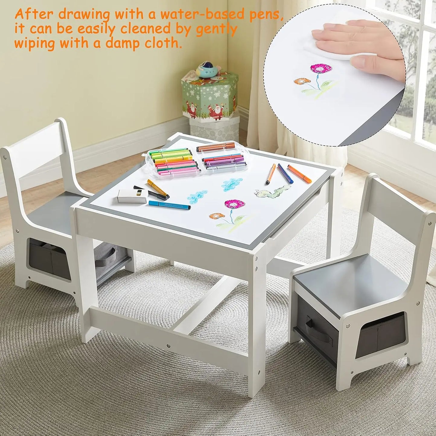 Wooden Three In One Kids Activity Table And Chairs Set With Drawer