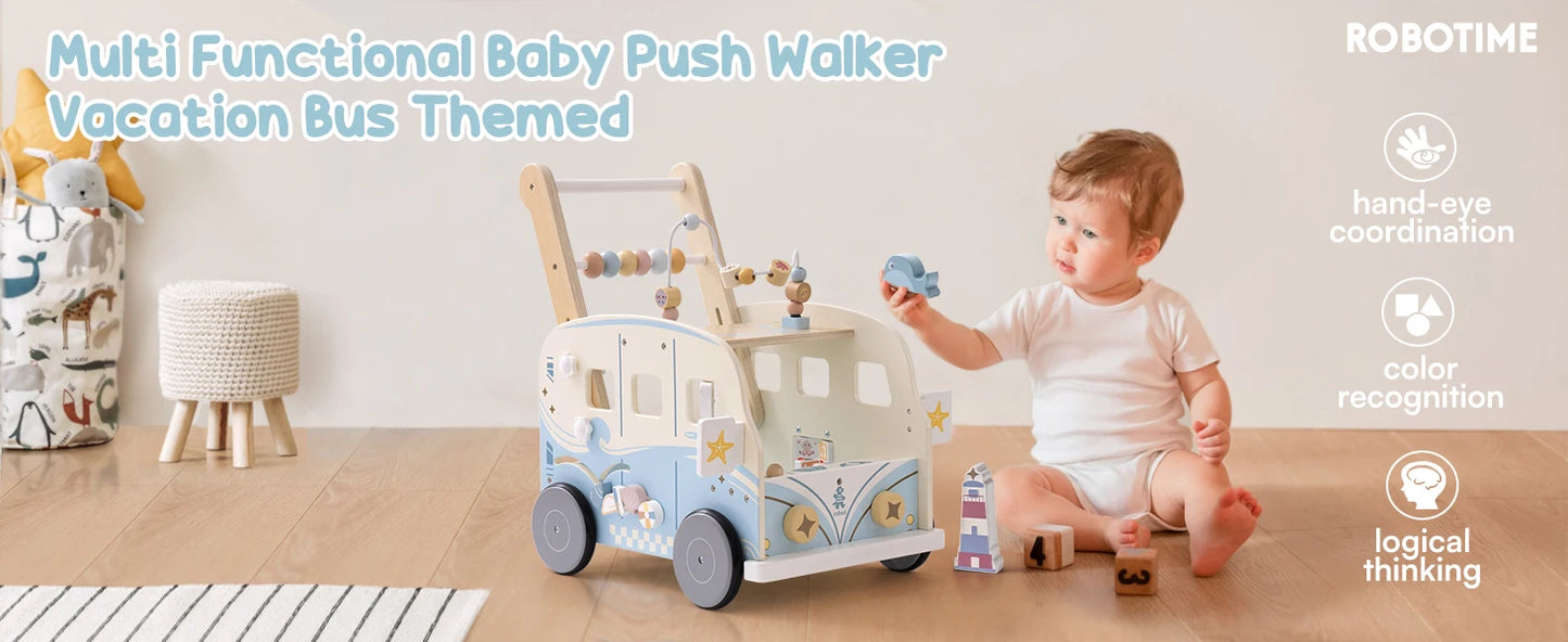 Wooden Baby Walker Bus Style With Ocean Pattern and Adjustable Wheel Tension