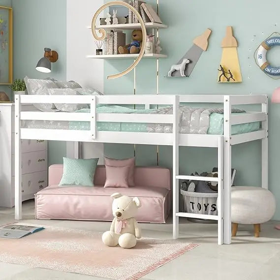 Twin Loft Bed for Kids, Solid Wood, with Ladder & Guard Rails, White, No Box Spring Needed