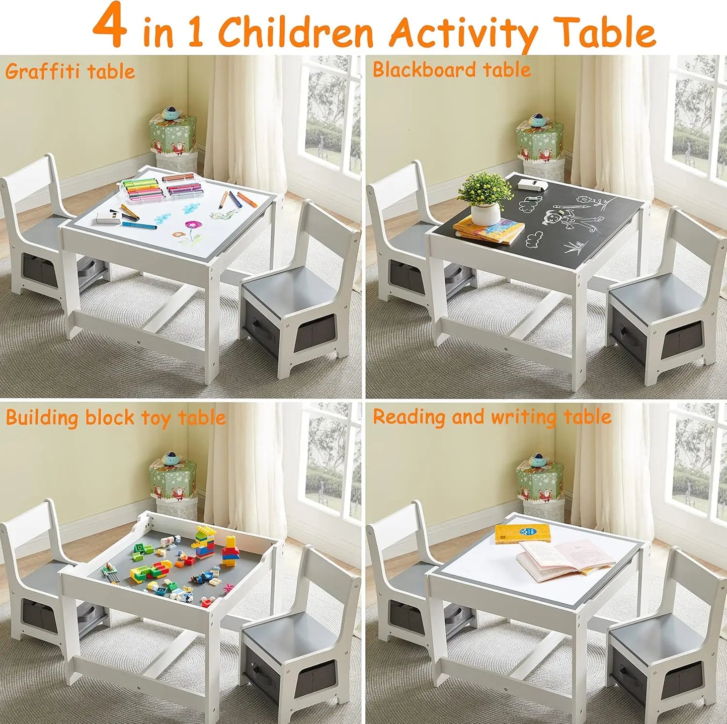 3 In 1 Wooden Toddler Activity Table And Chairs Set With Storage Drawer