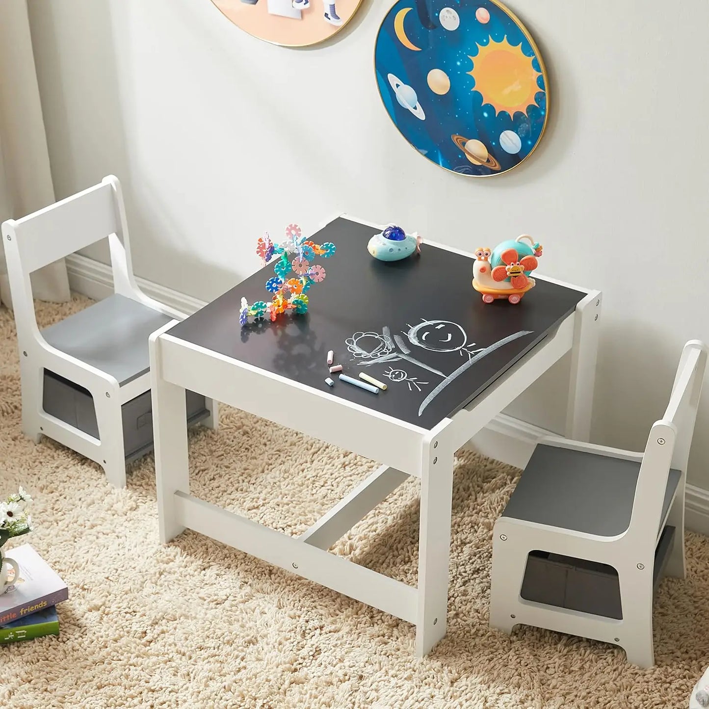 3 In 1 Wooden Toddler Activity Table And Chairs Set With Storage Drawer