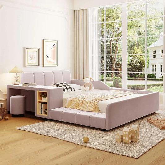 Velvet Upholstered Grounded Platform Bed, Wooden Full Size Mother & Child Bed Frame with Bedside Desk and Little, Customized