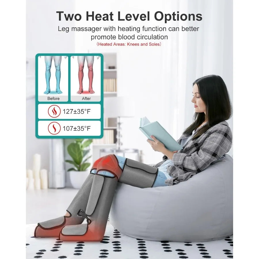 Leg Massager for Circulation and Pain Relief Air Compression Foot Calf Thigh Massager with 2 Heat and 3 Vibration Functions 6 M
