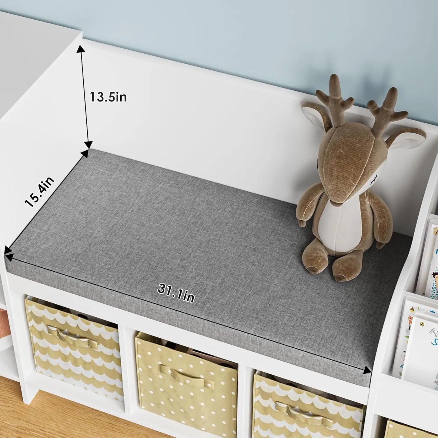 Kids Reading Nook Bench And White Bookshelf Organizer With 7 Cubbies