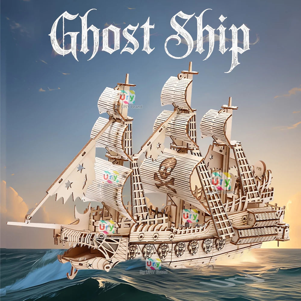 Ury DIY 3D Wooden Puzzle Halloween Ghost Pirate Ship Model For Home Decor