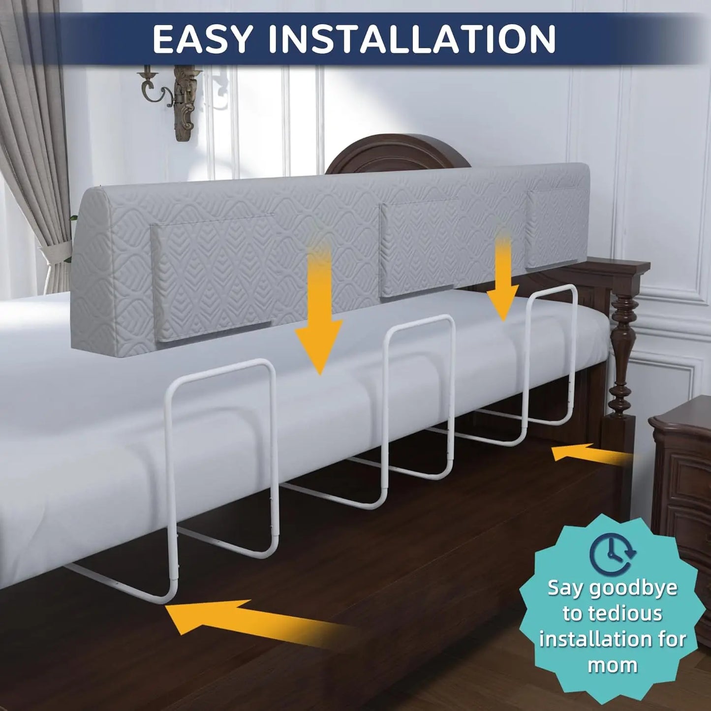 Soft Safety Bed Rail Bumper for Toddlers & Kids, Grey 59" with 3 Brackets for Twin to King Beds