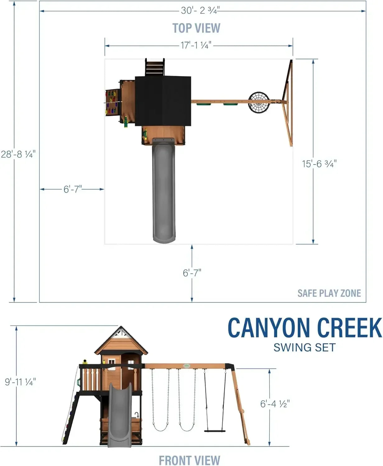 Canyon Creek Cedar Wood Swing Set with Wave Slide, Clubhouse, Play Kitchen, Picnic Area, Belt Swings, Web Swing, Rock Wall,