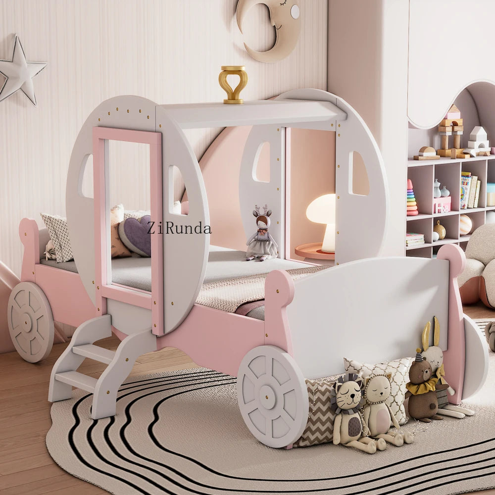Twin princess carriage bed with crown, wooden platform lathe, stairs, white+pink