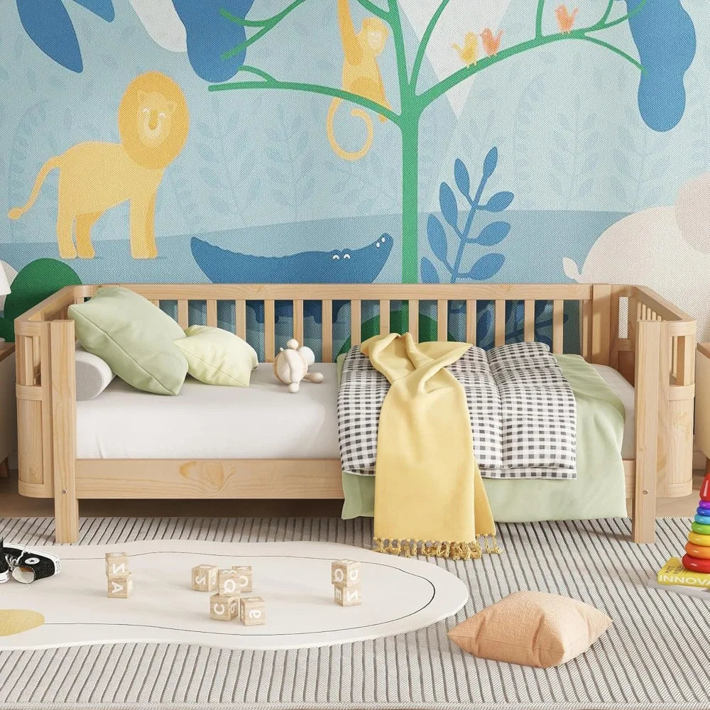 Twin Size Kid Bed with Rails,Wooden Kids Day Bed with Detachable Safety Rails and Rounded Corners, Montessori Bed Frame with Hea